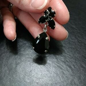 Silver tone black beaded earrings